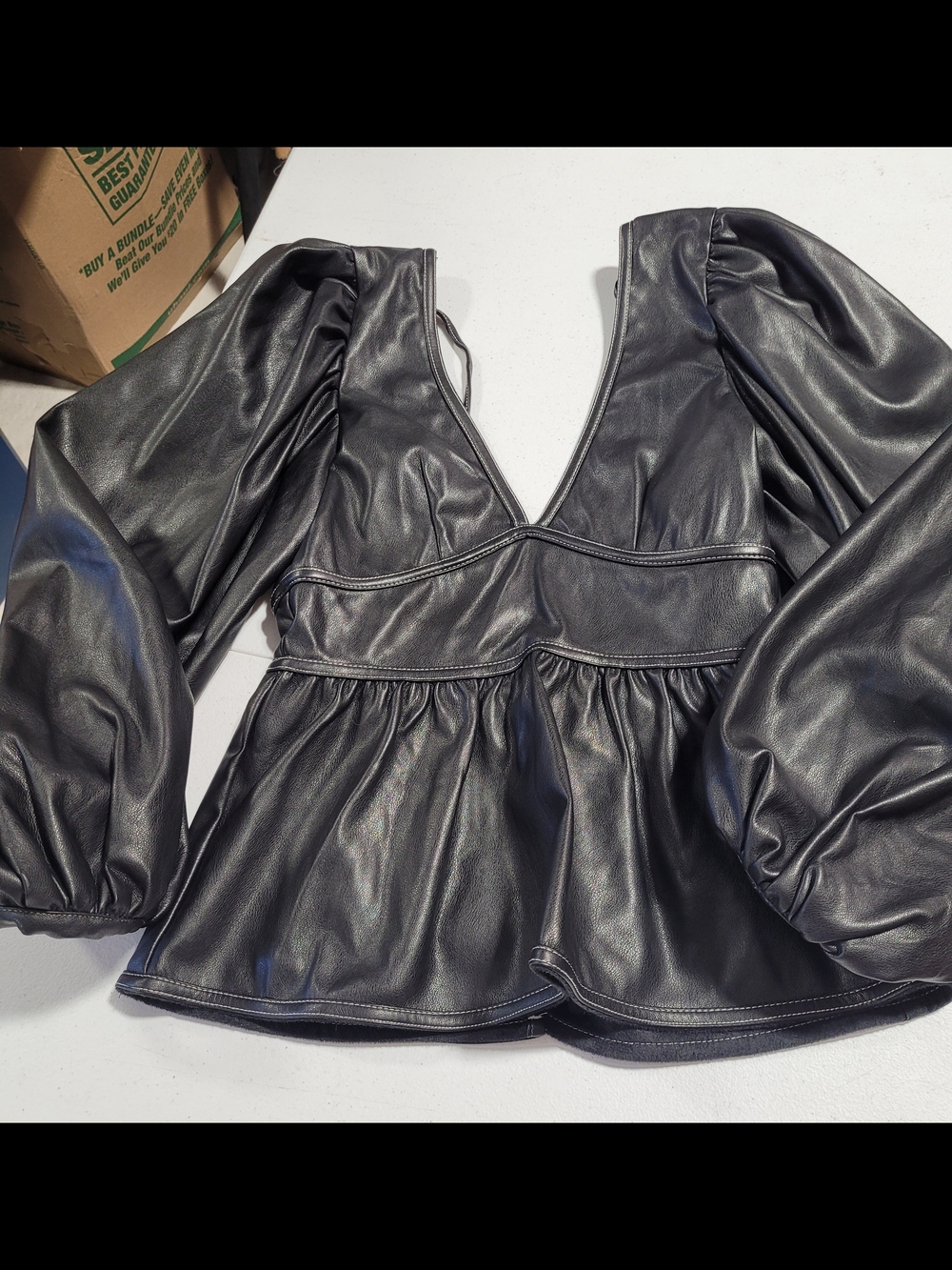 Olivaceous Black Faux Leather Puff-Sleeve Peplum Top - Picture 1 of 3